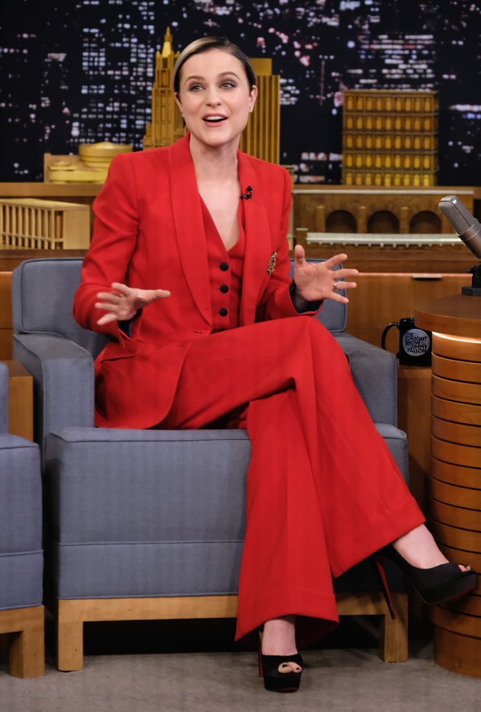 Even when Evan isn't on the red carpet, she still chooses a suit. The star wore a fiery red three-piece ensemble (check out her flared bottoms) to The Tonight Show Starring Jimmy Fallon.