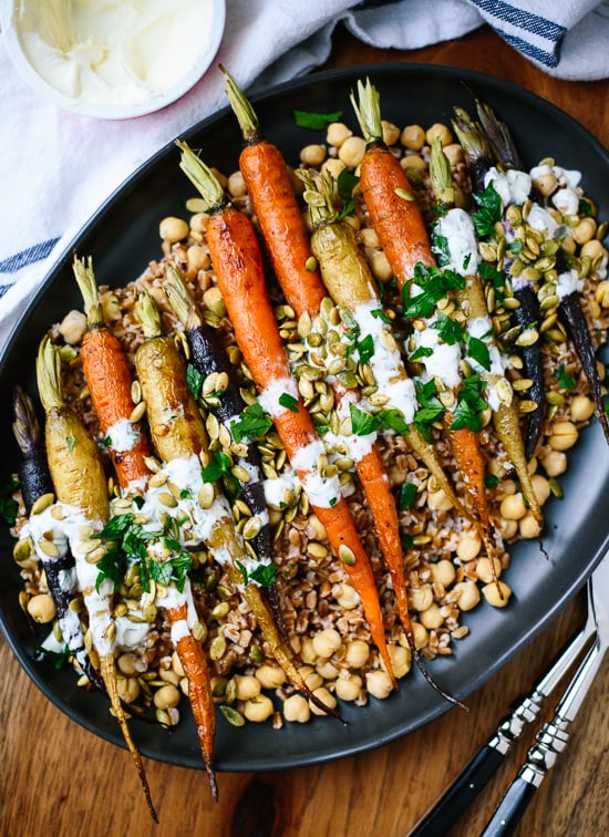 Roasted Carrots With Farro, Chickpeas, and Herbed Crème Fraiche