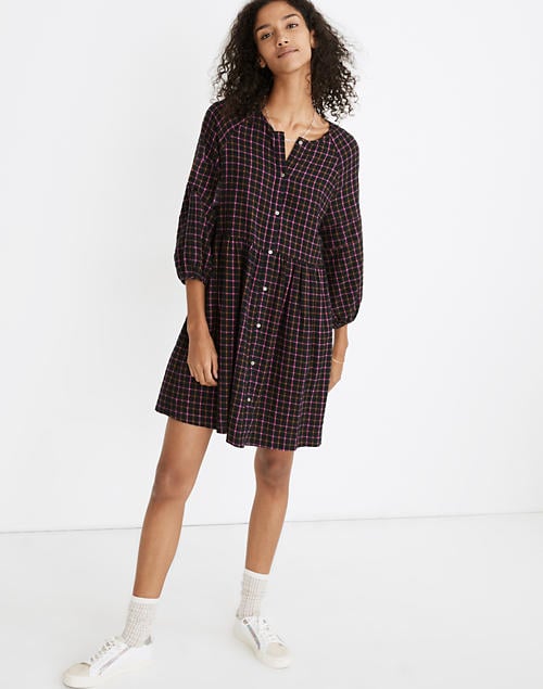 Plaid Flannel Raglan Button-Front Shirtdress