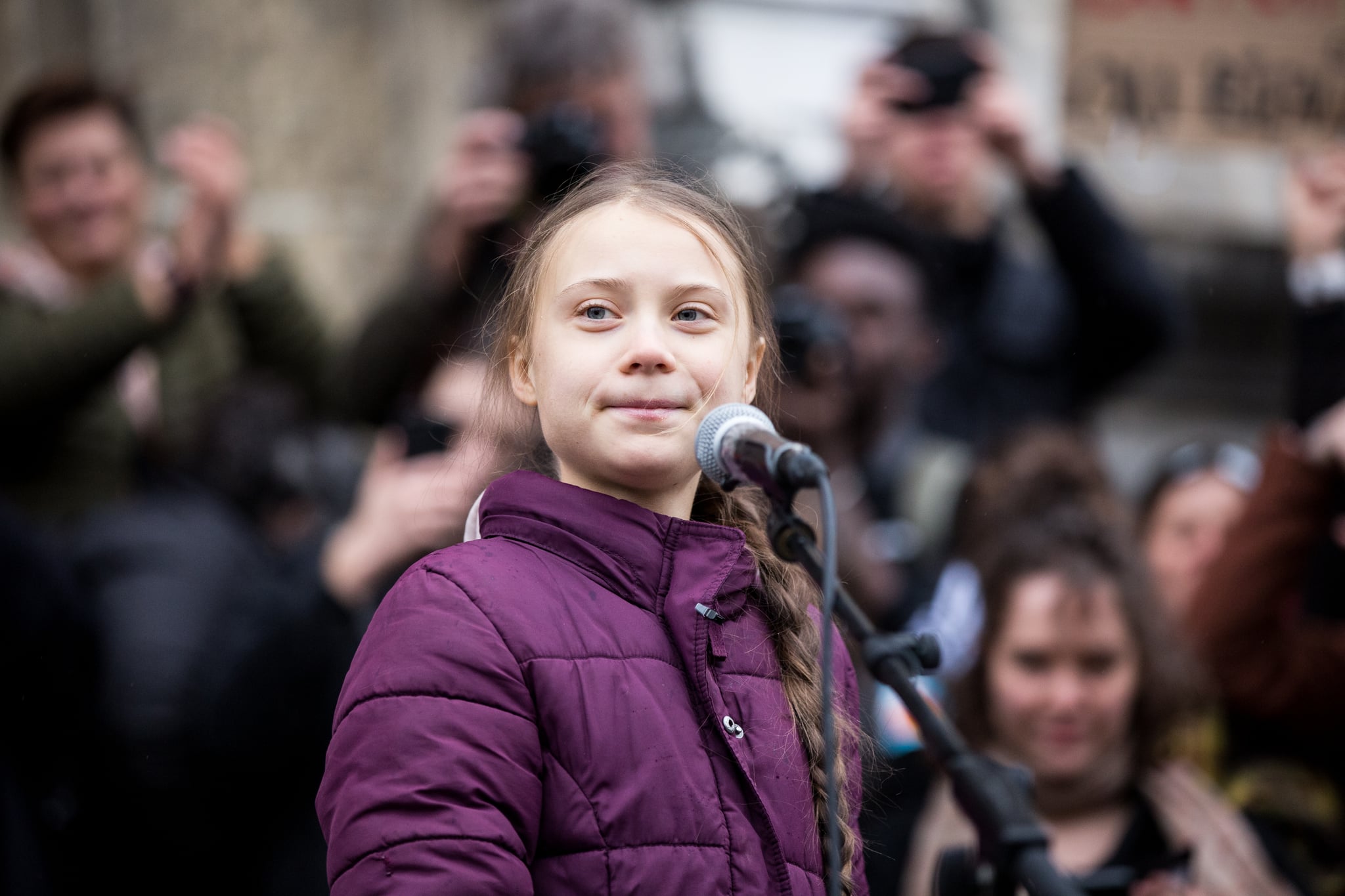 LAUSANNE, SWITZERLAND - JANUARY 17: Swedish climate activist Greta Thunberg speaks to participants at a climate change protest on January 17, 2020 in Lausanne, Switzerland. The protest is taking place ahead of the upcoming annual gathering of world leaders at the Davos World Economic Forum. (Photo by Ronald Patrick/Getty Images)