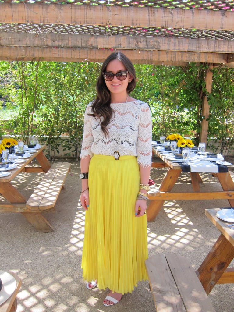 A bold yellow maxi dress added a pop of sunshine to a semisheer lace top.
Source: Chi Diem Chau