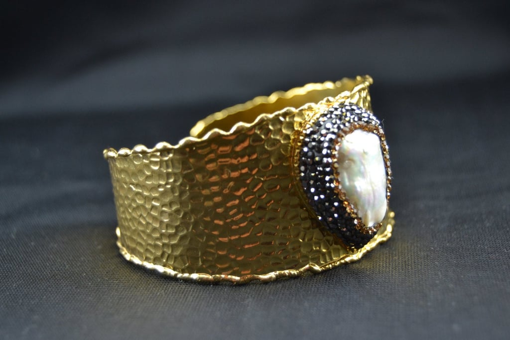 Gold Plated Cuff Bracelet Hammered in Hand Pave Crystal