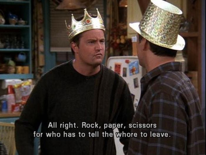 5. Make sure you're on the same page about bachelor/bachelorette parties.
Monica and Chandler decided to skip the "silly tradition," but the girls later surprised Monica with a bachelorette party. Joey wasn't too pleased when he found out he could've planned a real bachelor party for Chandler, and the postwedding "bachelor" party didn't exactly go smoothly.
6. It's OK to have two maids of honor or best men.
While having Rachel and Phoebe duke it out to be Monica's maid of honor made for good TV, there's no reason to do this in real life. It's perfectly acceptable to ask two people to share the role, like Ross eventually did for his (ill-fated) wedding to Emily.