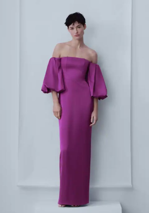 Best Winter Wedding-Guest Dresses: Mango Satin Dress With Volume Sleeves