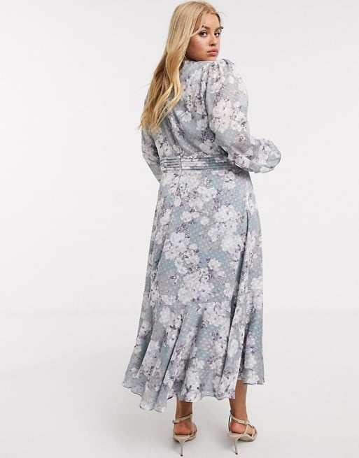 Ever New Curve Buttoned Ruffle Midi Dress in Floral Jacquard Print