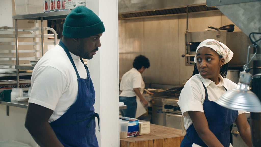 In episode three, titled "Brigade," Sydney is wearing the Mountain Trail Trout Bandana ($8), which has fish on it. (Which feels very fitting for a chef, no?)
Episode five, "Sheridan," sees the sous-chef in the Mur by Ayca Peekaboo Scarf ($72), a deep-blue bandana with hands printed on it.