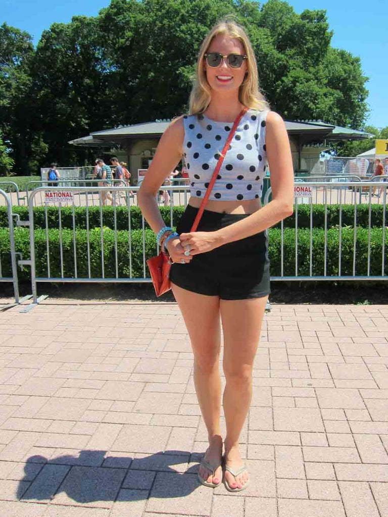 Bringing polka dots to Lollapalooza, Bethany's fitted crop top complemented her high-waisted black shorts. A Nine West crossbody and Ray-Ban Clubmaster sunglasses finished things off.