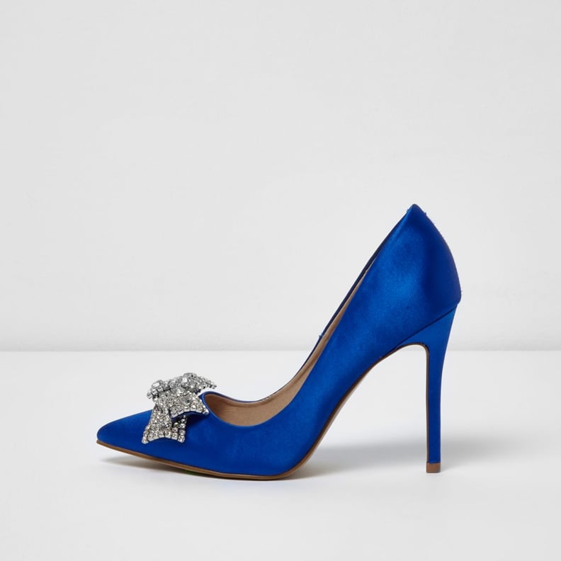 River Island Blue Satin Rhinestone Bow Pumps