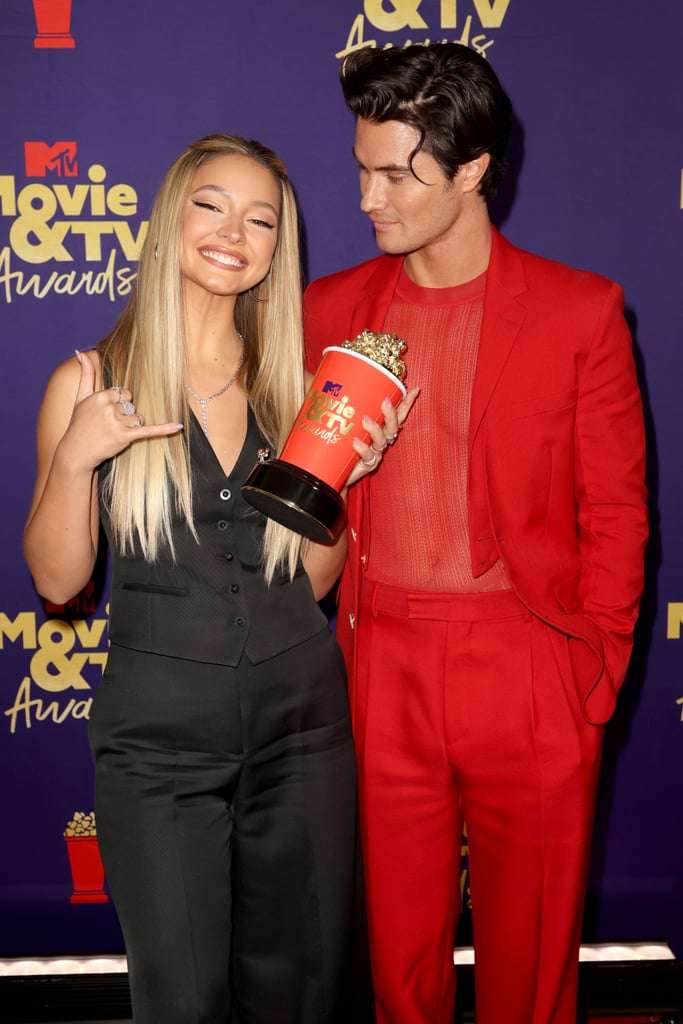 Chase Stokes Wears Red Suit With Sheer Top at the MTV Awards