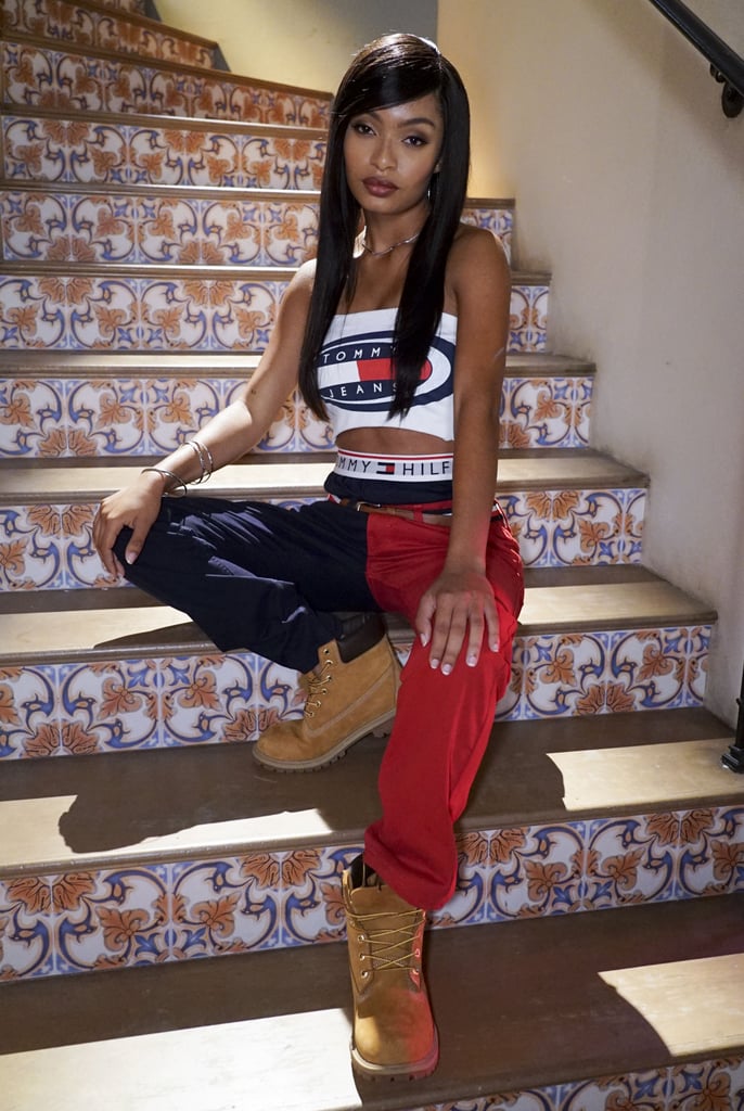 Above: Zoey pays homage to Aaliyah in head-to-toe Tommy Hilfiger in "Grown-ish" season three.
