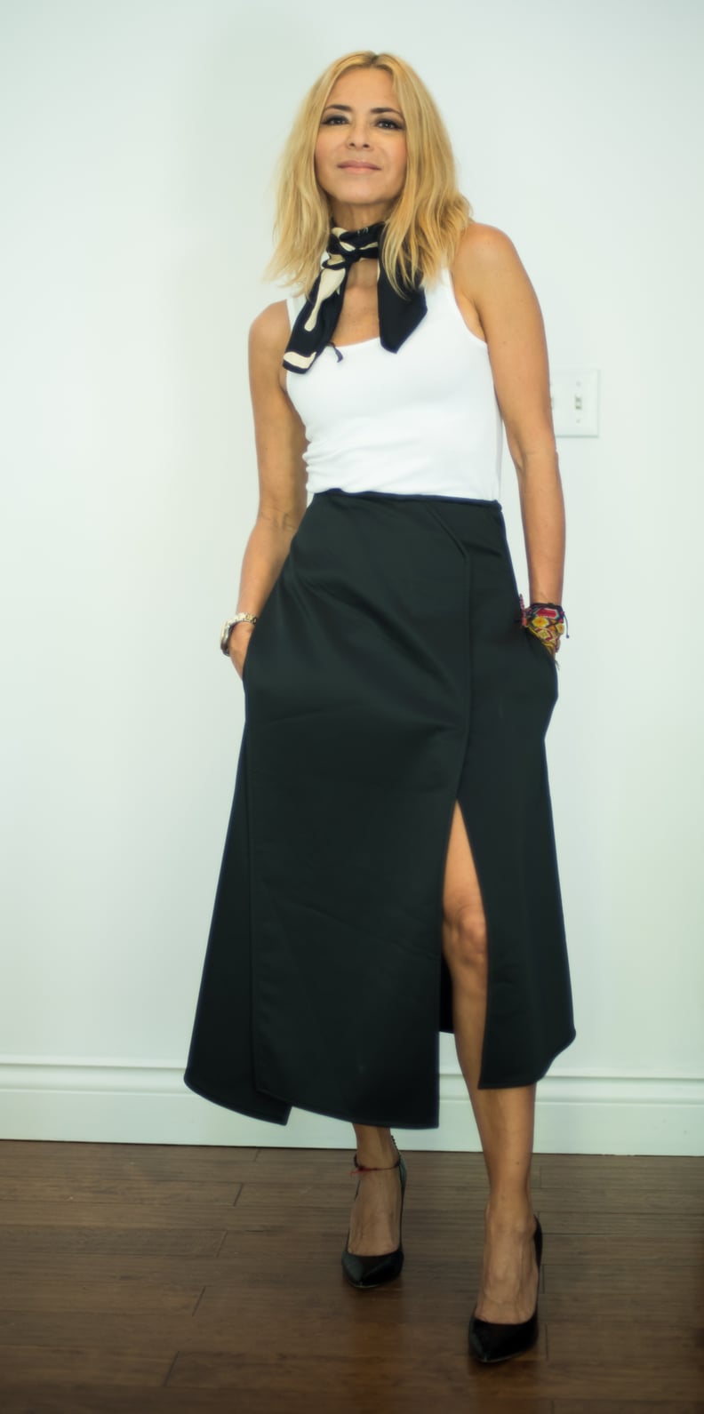 With a Midi Skirt, a Handkerchief, and Black Pumps