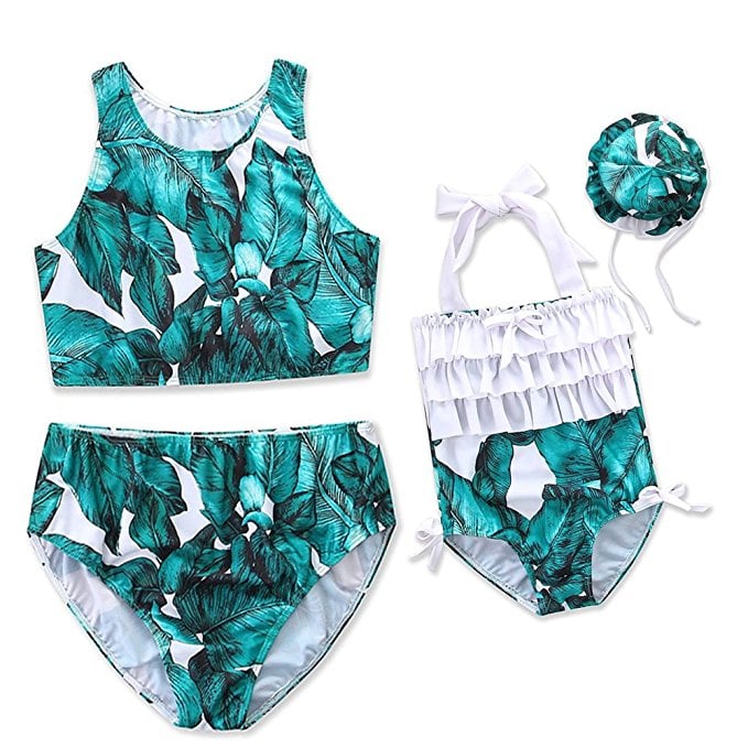 Tropical Leaves Print Two Piece Bikini Set Best Mommy and Me Swimwear