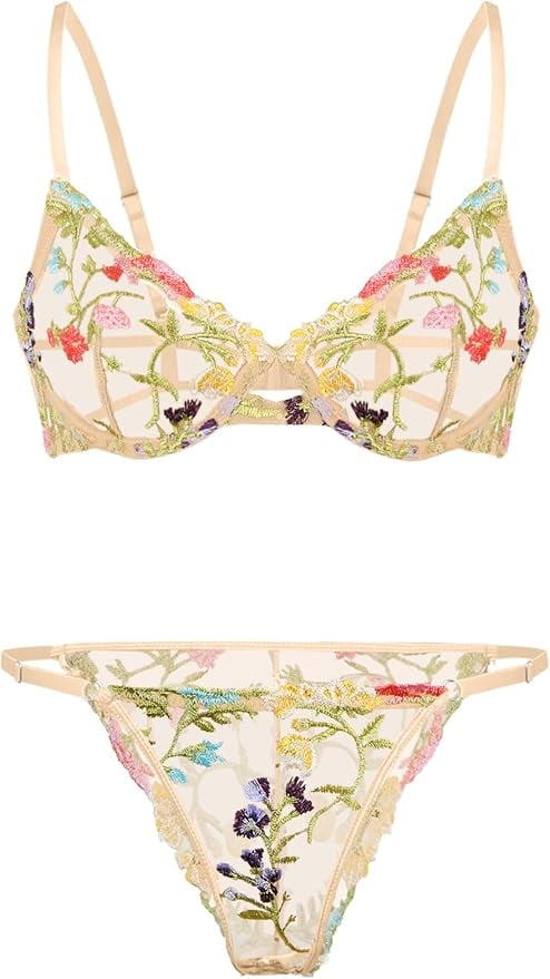 Lilosy Sexy Floral Embroidered Mesh Sheer Underwire Lingerie Set ($18, originally $20)
This set is the ultimate mix of cute and sexy. With floral embroidery and supportive underwire, these co-ords are perfect for turning up the heat on date night or adding a playful touch to your lingerie drawer.