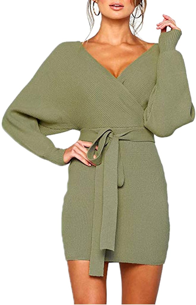 Mansy Batwing Backless Mock Wrap Knit Sweater Mini Dress