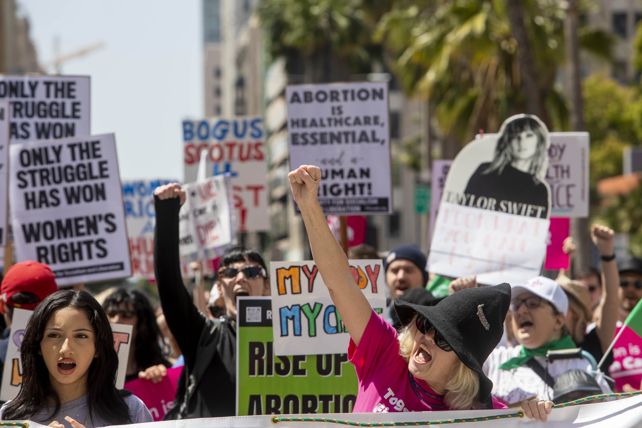 Demonstrators during a Women's March for Reproductive Rights in Los Angeles, California, US, on Saturday, April 15, 2023. Demonstrators took to the streets to protest a ruling by a federal judge in Texas to suspend the US governments decades-old approval of a key drug used in medication abortion. Photographer: Jill Connelly/Bloomberg via Getty Images