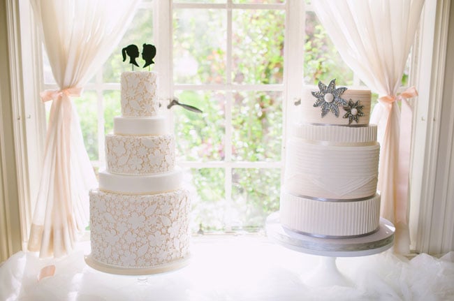 This classic tiered cake on the left looks like it was hand-embroidered with a floral and leaf pattern, and we love that the topper adds a fun, modern touch.
Photo by Jodi Miller Photography via Green Wedding Shoes