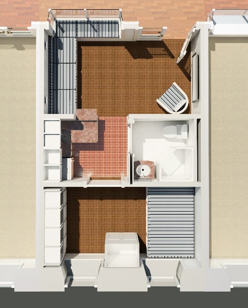 Each unit has at least one bedroom, a bathroom, a utility kitchen, and a small living area.