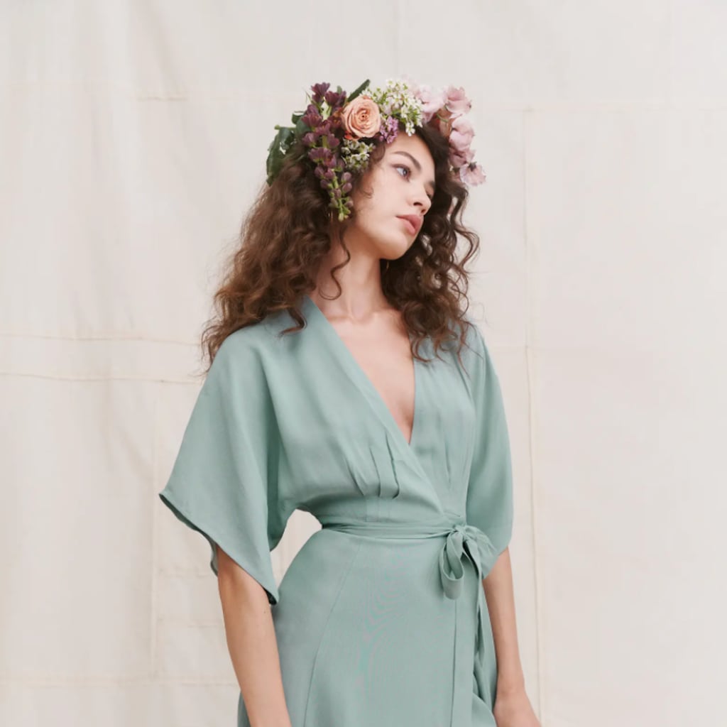 Six Flutter Sleeve Velvet Wrap Gown 