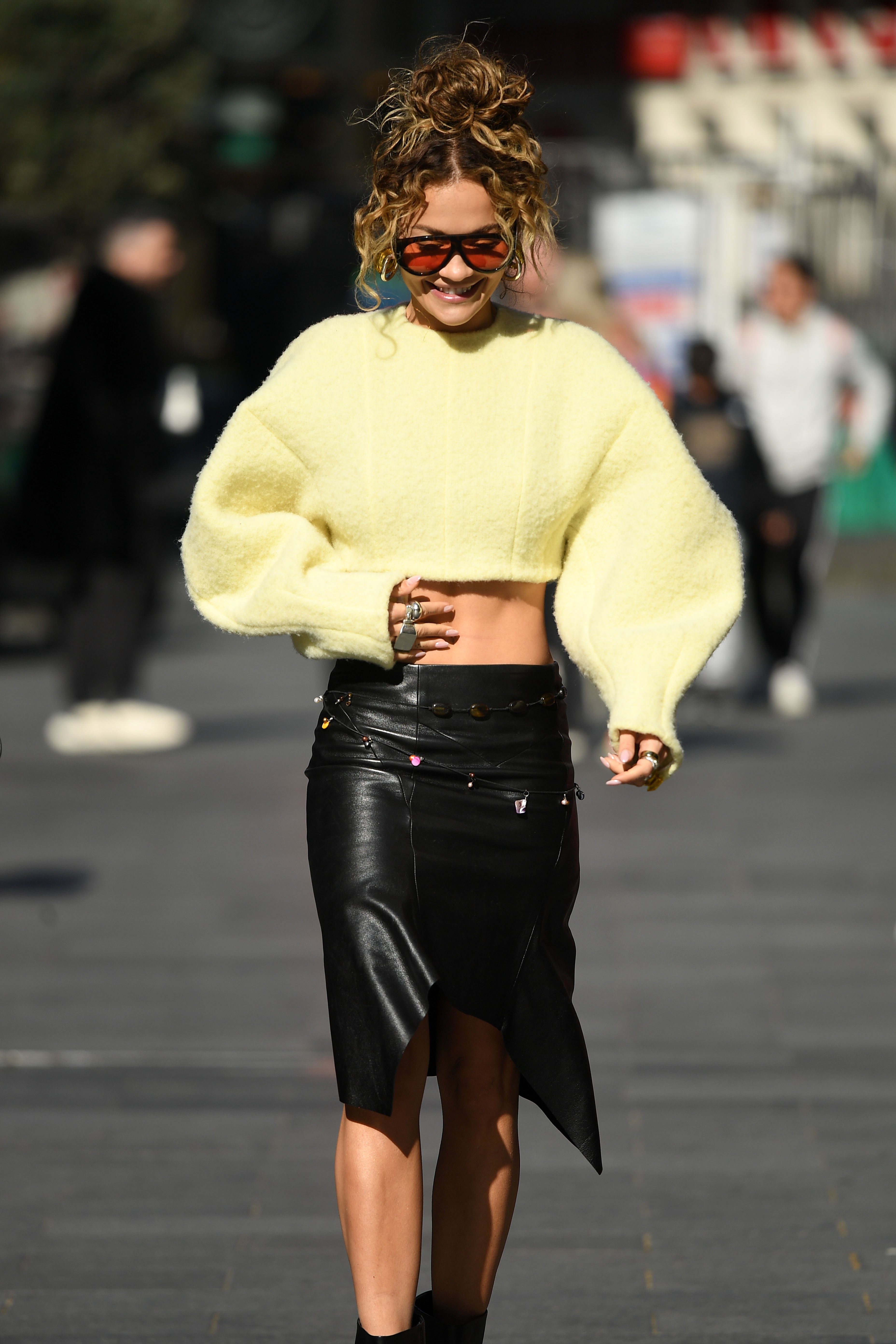 Leather skirt yellow sweater store