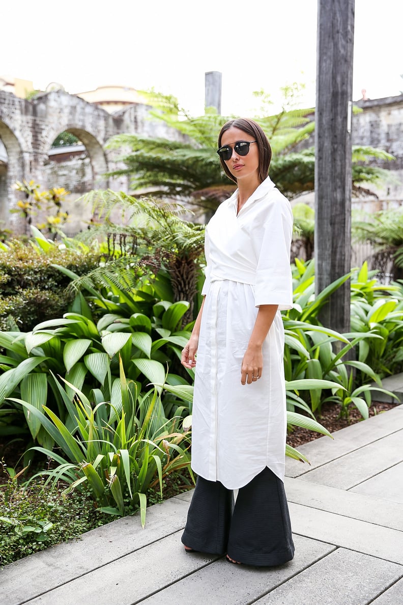 Wrap an Oversize Button-Down Over Your Flared Pants to Play With Shapes