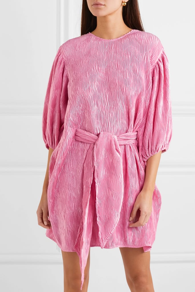 Ganni Belted PlissÃ©-Satin Mini Dress | How to Wear Puff Sleeve Dresses in 2019 | POPSUGAR 