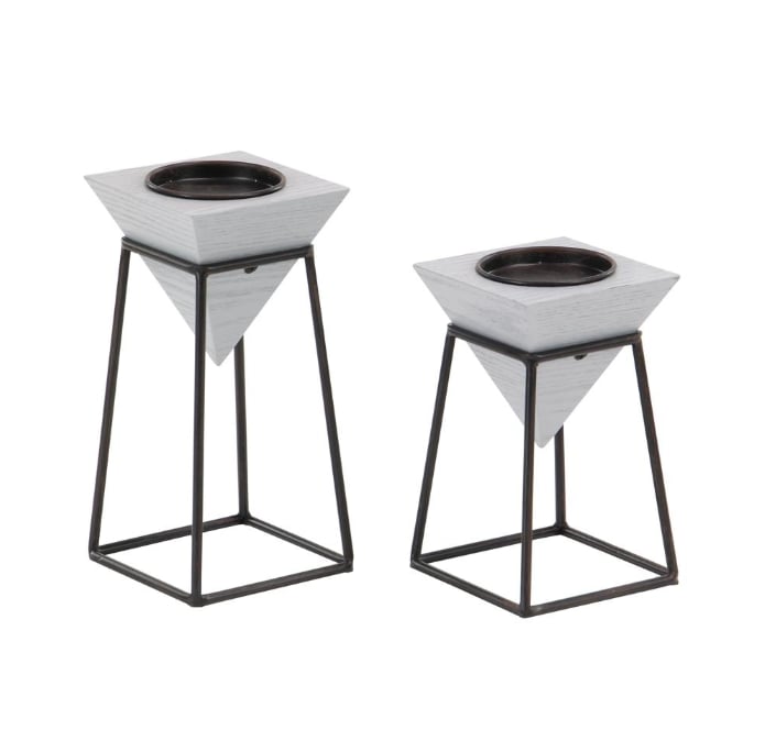 Litton Lane Gray Wood and Iron Candle Holders with Black Stands (Set of 2)
