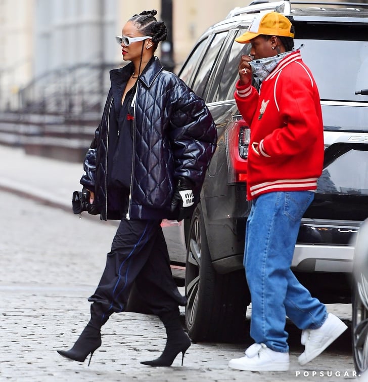 Rihanna meets A$AP Rocky in the snow in New York in a great bomber