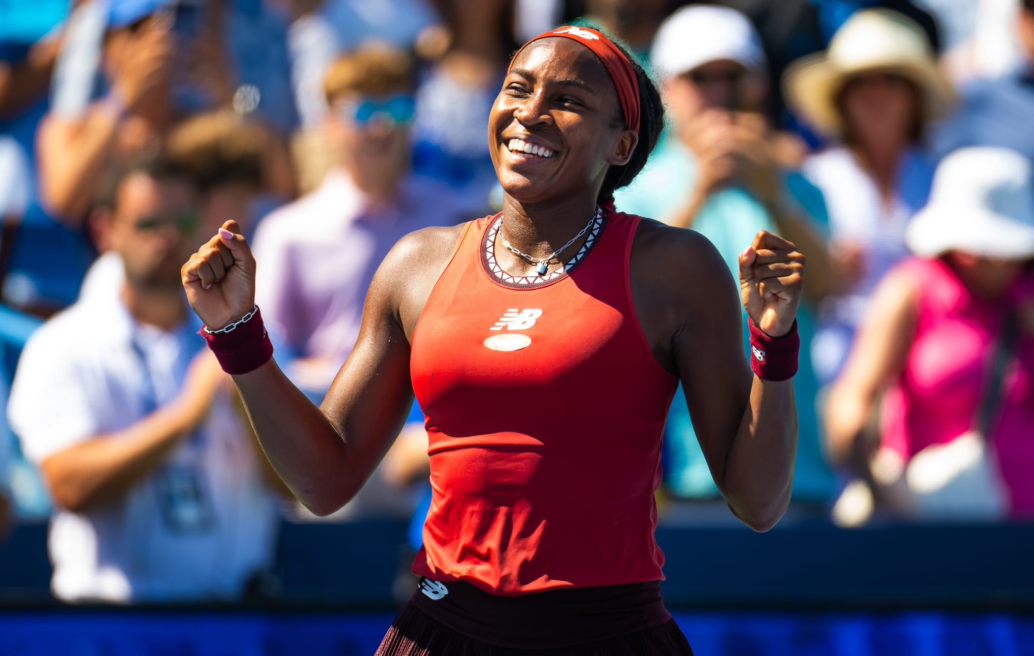 MASON, OHIO - AUGUST 20: Coco Gauff of the United States reacts to defeating Karolina Muchova of the Czech Republic in the womens singles final on Day 8 of the Western & Southern Open at Lindner Family Tennis Center on August 20, 2023 in Mason, Ohio (Photo by Robert Prange/Getty Images)