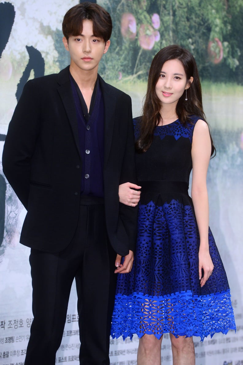 August 2016: Nam Joo-Hyuk Poses With Seohyun at a "Moon Lovers" Press Conference