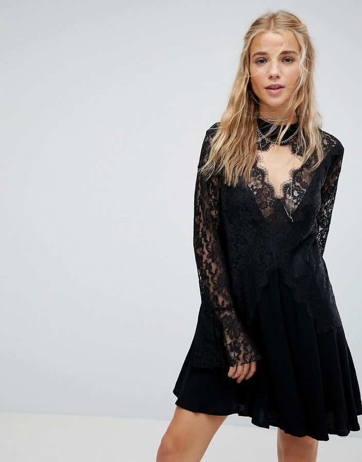 Kiss the Sky Lace-Insert Smock Dress With Choker Detail