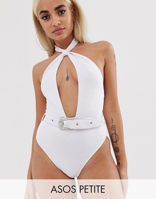 ASOS Petite High Neck Deep Plunge Belted Swimsuit