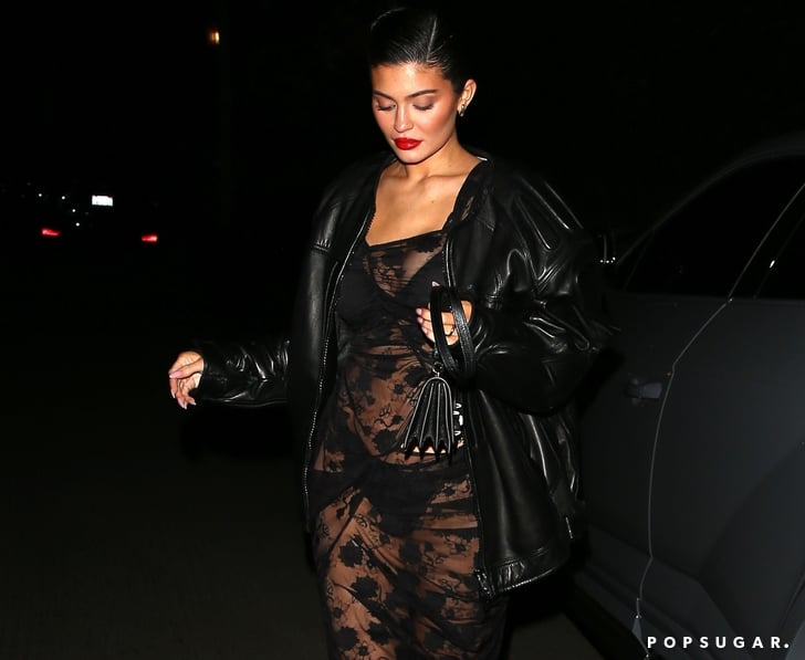 Kylie Jenner Shows Her Underwear in a Sheer Black Lace Dress