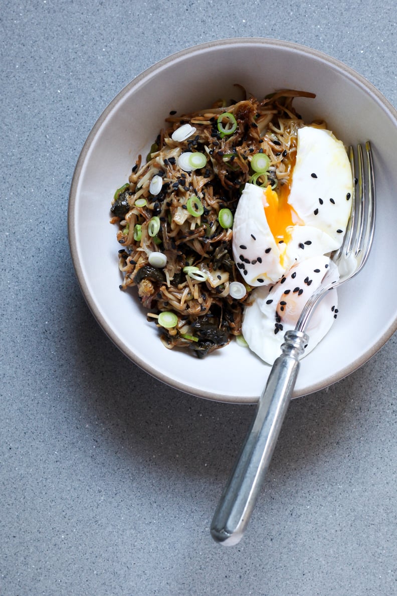 Enoki Mushroom and Kimchi Bowl With Poached Eggs