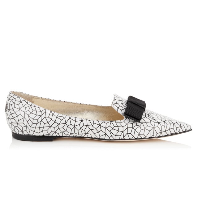 Jimmy Choo 'Gala' White and Black Pointy Toe Flats with Bow ($625)
