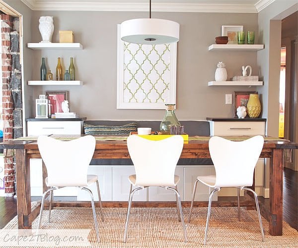 If you're a sucker for the dining room bench trend, you'll fall even harder for dining banquettes. This Cape 27 blogger was able to tack on extra storage to her dining room seating by creating this cozy banquette made from Ikea cabinets.
Source: Cape 27