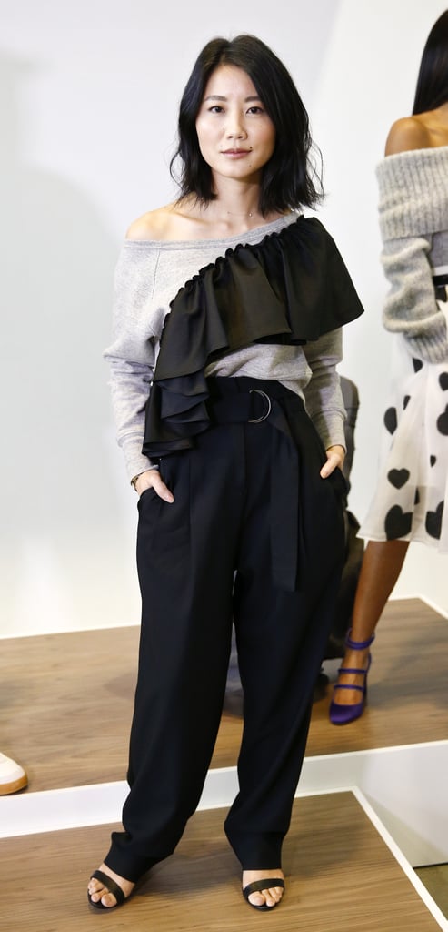 We think she might do well in this off-the-shoulder ruffled sweater, paired with roomy trousers like this J.Crew model at the Fall presentation.