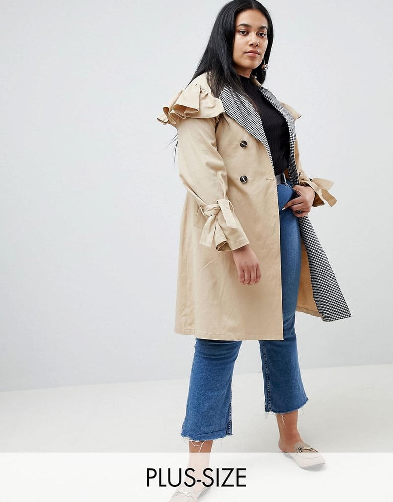 Lost Ink Plus Trench Coat With Gingham Collar