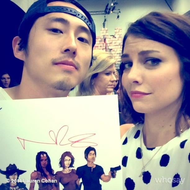 Steven Yeun and Lauren Cohan took a snap with graphic art inspired by their show, The Walking Dead. 
Source: Instagram user laurencohan