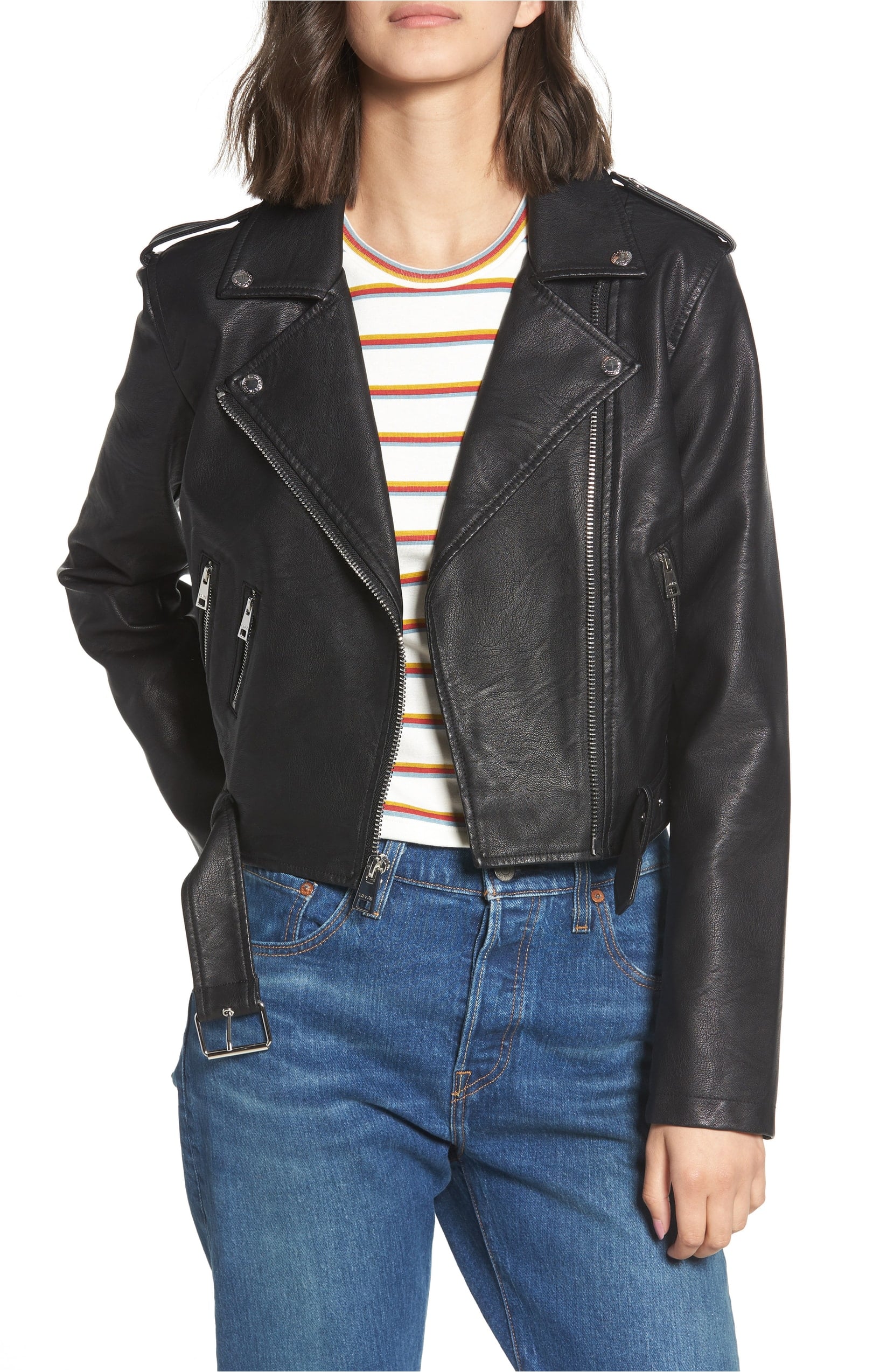 Faux Leather Fashion Belted Moto Jacket