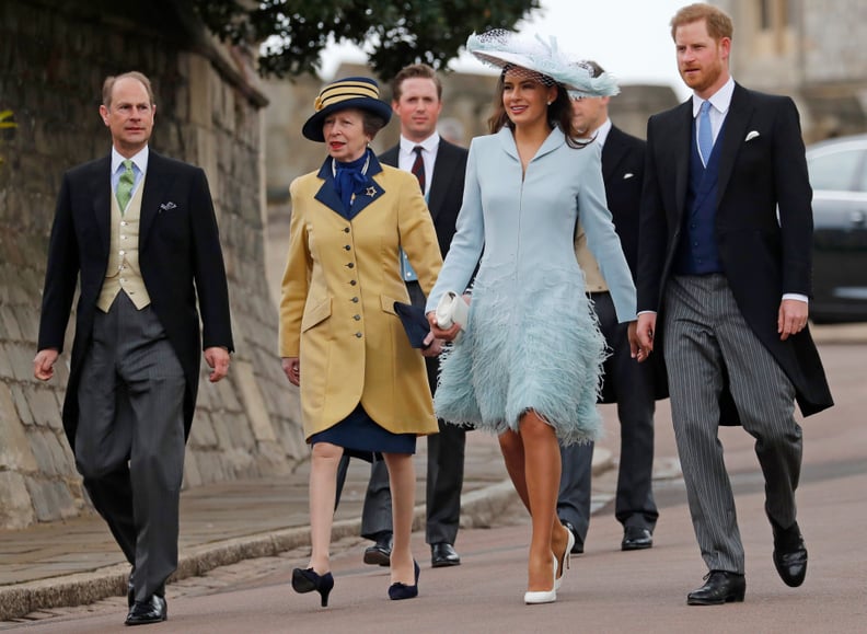 Prince Edward, Princess Anne, Lady Frederick Windsor, and Prince Harry at a wedding in May 2019