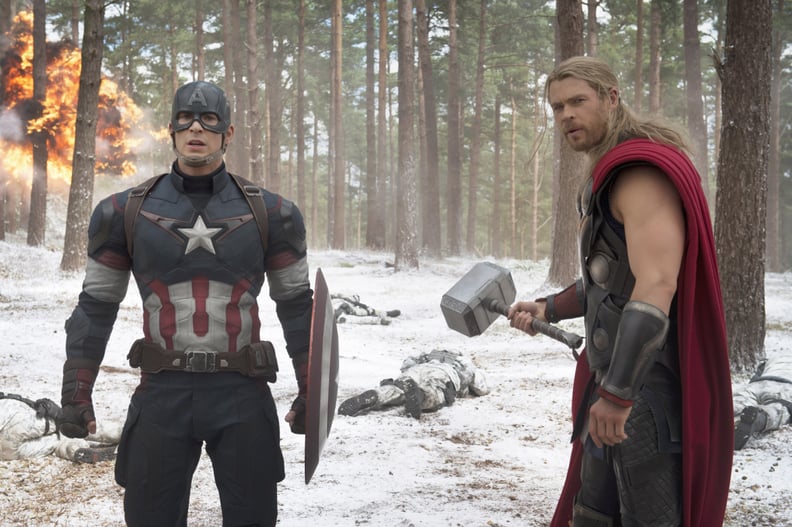 AVENGERS: AGE OF ULTRON, from left: Chris Evans as Captain America, Chris Hemsworth as Thor, 2015. ph: Jay Maidment /  Walt Disney Studios Motion Pictures / courtesy Everett Collection