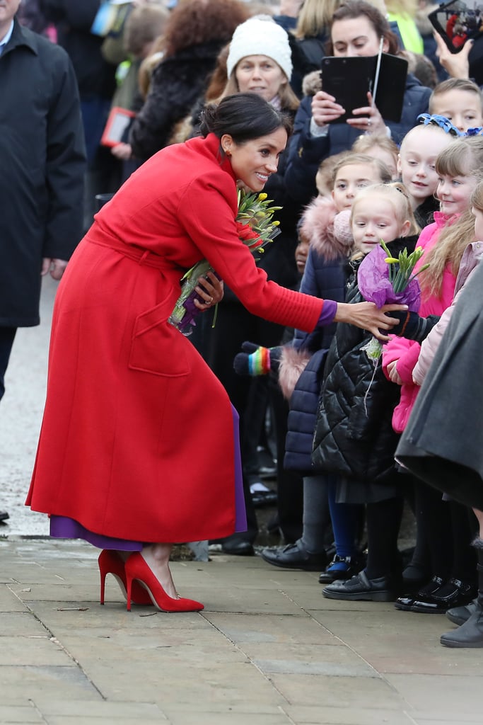 Meghan Markle Red and Purple Outfit Birkenhead January 2018