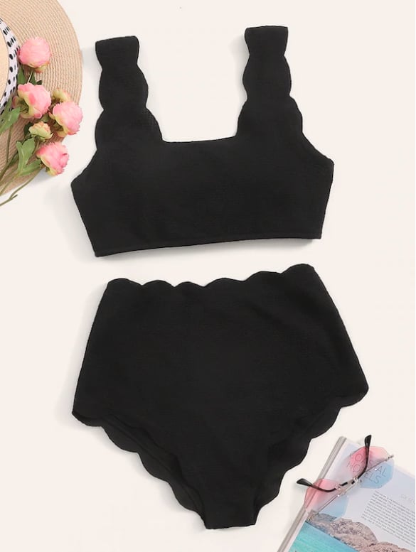 Shein Scallop-Trim High-Waisted Textured Bikini Set