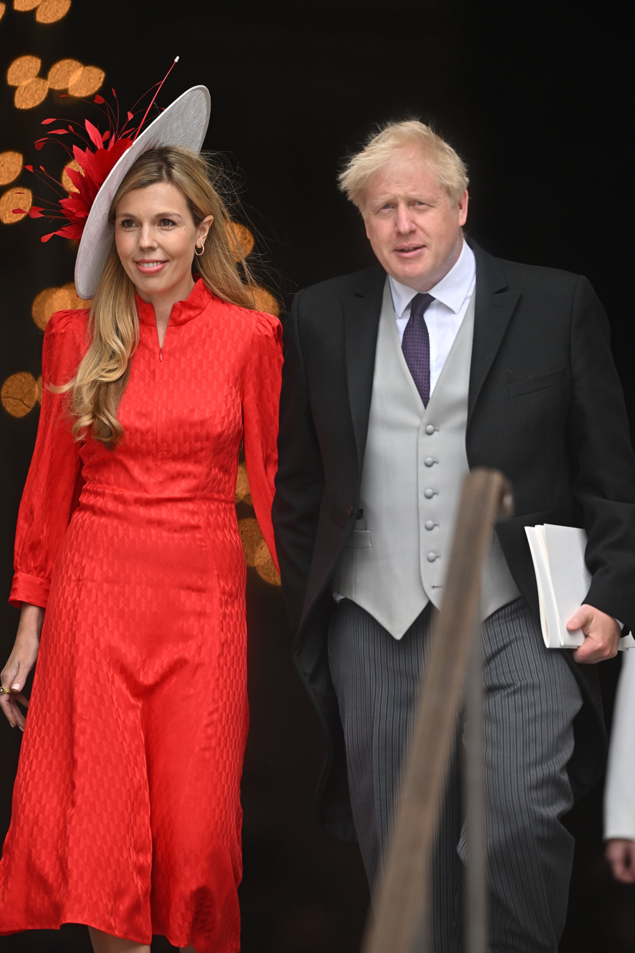 LONDON, ENGLAND - JUNE 03: British Prime Minister Boris Johnson and his wife Carrie depart after the National Service of Thanksgiving at St Paul's Cathedral on June 03, 2022 in London, England. The Platinum Jubilee of Elizabeth II is being celebrated from June 2 to June 5, 2022, in the UK and Commonwealth to mark the 70th anniversary of the accession of Queen Elizabeth II on 6 February 1952.  (Photo by Samir Hussein/WireImage,)