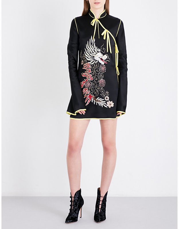 Attico Dragon-Embroidered Satin Wrap Dress