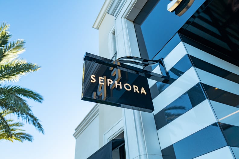 Sign on facade of Sephora cosmetics store with palm tree in background in Concord, California, October 14, 2021. (Photo by Smith Collection/Gado/Getty Images)