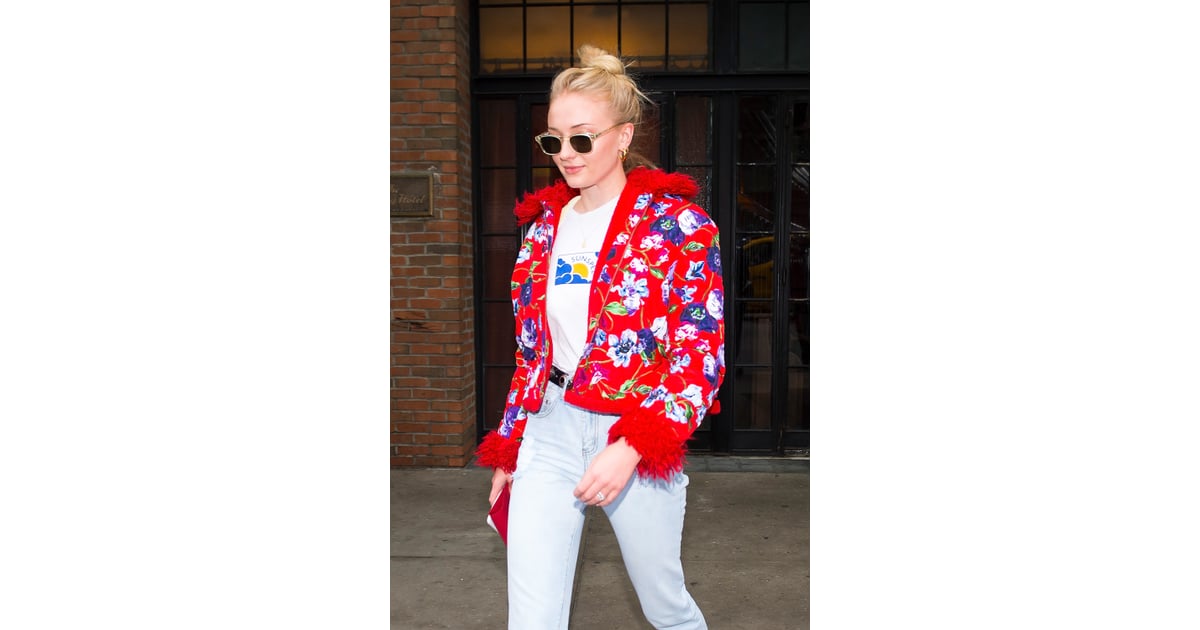 Sophie Turner In A Red Floral Jacket In 2018 Sophie Turners Best Street Style Popsugar 