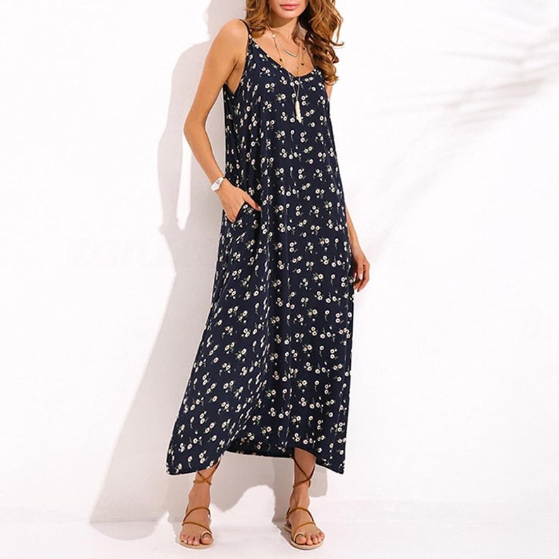 Elogoog Floral Print Pocket Maxi Dress