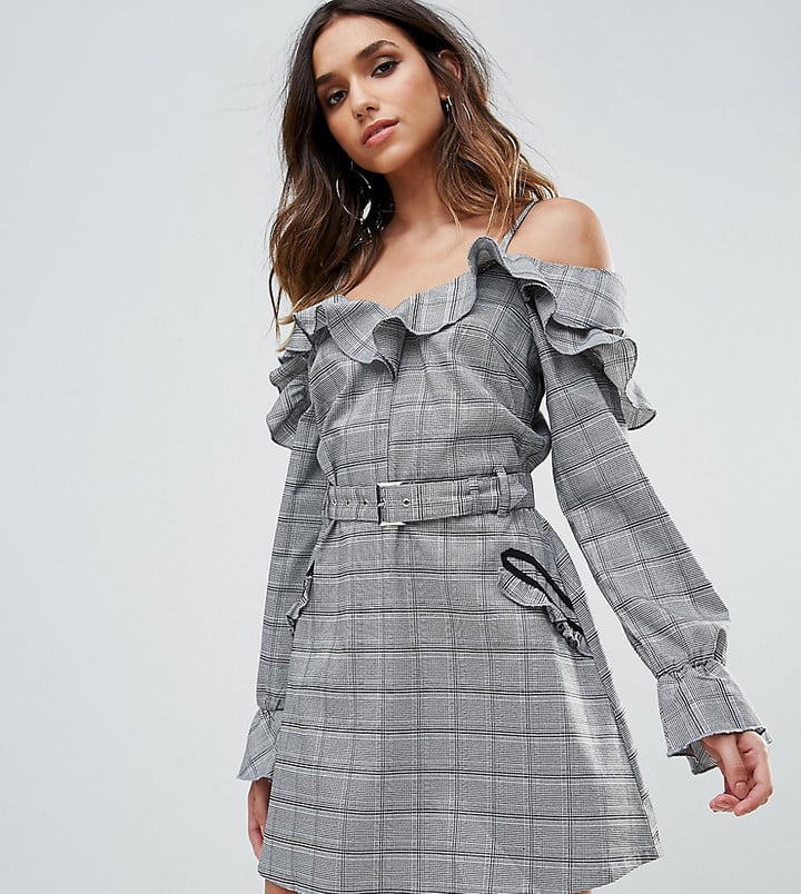 Missguided Check Frill Cold Shoulder Dress