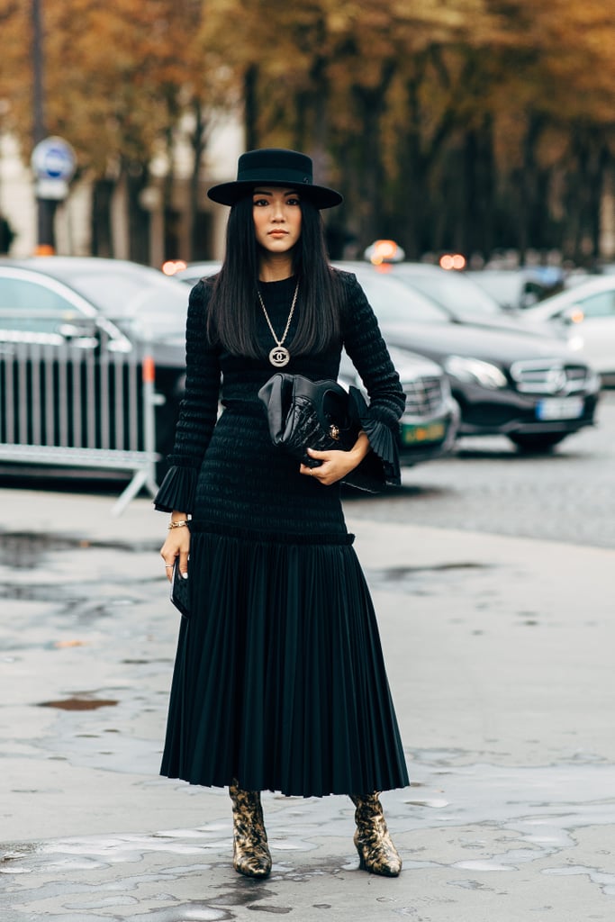 You can wear thick tights underneath a maxi dress without anyone knowing it. Cap off your look with a stylish hat, rather than a beanie, if your ears tend to get cold.